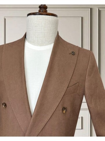 Kiremit Sivri Yaka 4 Düğme Keten Takım Elbise