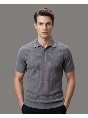 Dark Grey Patterned Polo Neck 3-Button Short Sleeve Knit