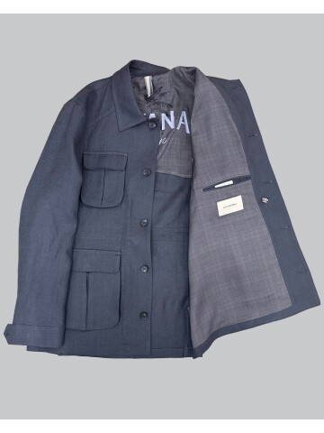 Koyu Gri Keten Safari Model Dört Cepli Takım Elbise