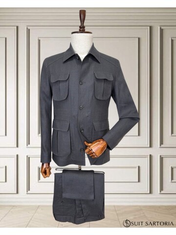 Koyu Gri Keten Safari Model Dört Cepli Takım Elbise