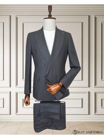 Koyu Gri Sivri Yaka 2 Düğme Keten Takım Elbise