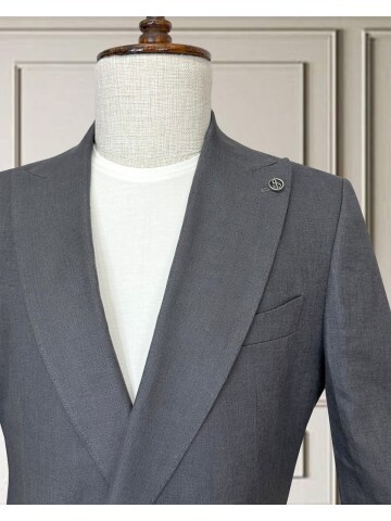 Koyu Gri Sivri Yaka 2 Düğme Keten Takım Elbise