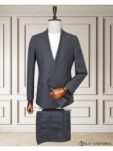 Koyu Gri Sivri Yaka 4 Düğme Keten Takım Elbise