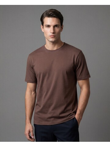 Koyu Kahverengi Basic Bisiklet Yaka Kısa Kollu T-shirt