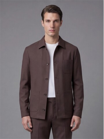 Dark Brown Shirt Collar Buttoned Patch Pocket Suit