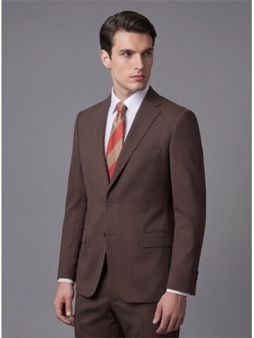 Koyu Kahverengi Mono Yaka İki Düğmeli Takım Elbise