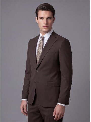 Koyu Kahverengi Mono Yaka İki Düğmeli Takım Elbise