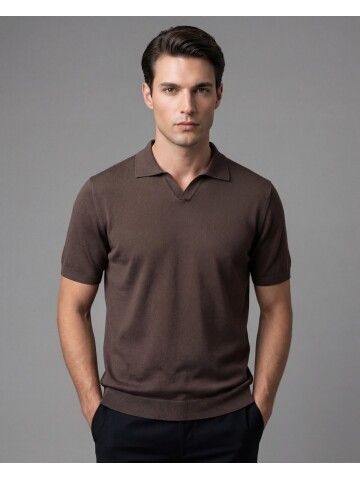 Dark Brown Polo Neck 3-Button Short Sleeve Knit