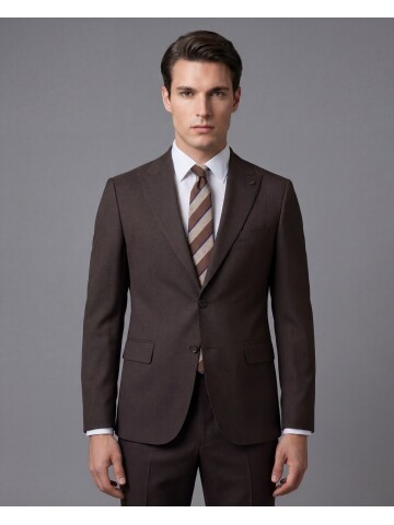 Koyu Kahverengi Sivri Yaka İki Düğmeli Slim Fit Takım Elbise