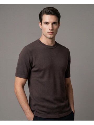 Dark Brown Knit Crew Neck Short Sleeve