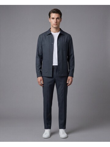 Koyu Mavi Gömlek Yaka Düğmeli Torba Cepli Takım