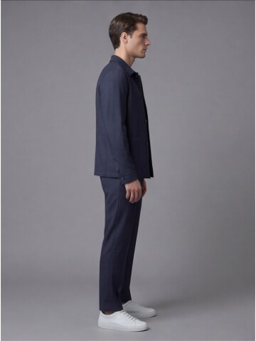 Navy Blue Shirt Collar Buttoned Patch Pocket Suit