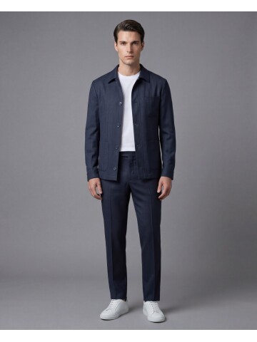 Koyu Mavi Gömlek Yaka Düğmeli Torba Cepli Takım