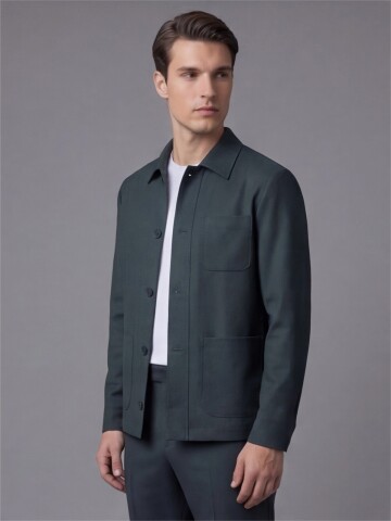 Dark Green Shirt Collar Buttoned Patch Pocket Suit
