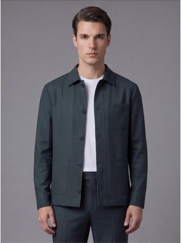 Dark Green Shirt Collar Buttoned Patch Pocket Suit