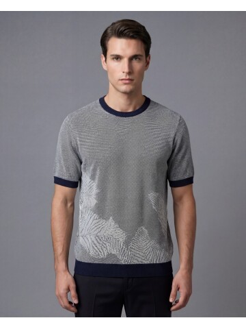 Lacivert Bisiklet Yaka Yaprak Desenli Kısa Kollu Triko Tişört