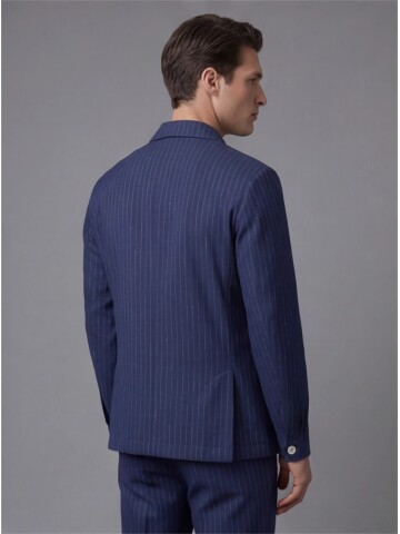 Navy Pinstripe Shirt Collar Buttoned Patch Pocket Suit