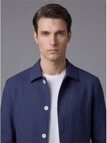 Navy Pinstripe Shirt Collar Buttoned Patch Pocket Suit