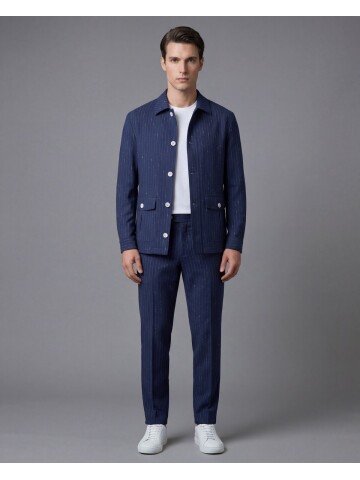 Lacivert Çizgili Gömlek Yaka Düğmeli Torba Cepli Takım