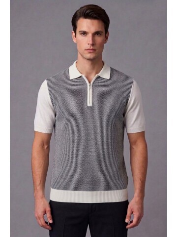 Navy Patterned Quarter-Zip Polo Knit Shirt