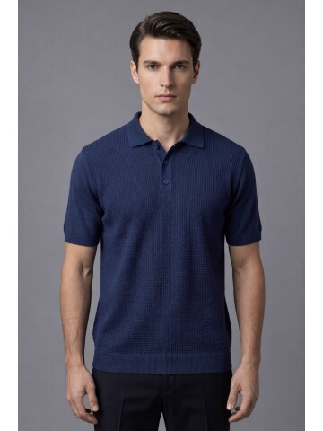 Navy Blue Patterned Polo Neck 3-Button Short Sleeve Knitwear