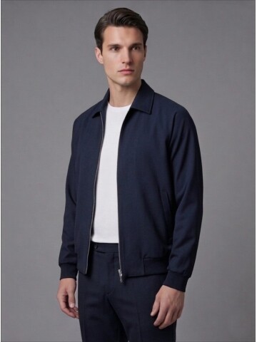 Navy Blue Zip-Up Shirt Collar Smart Casual Suit