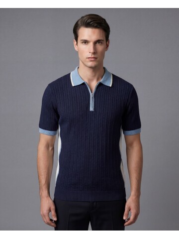 Lacivert Fermuarlı Polo Yaka Baklava Desenli Triko Tişört