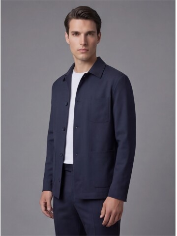 Navy Blue Shirt Collar Buttoned Patch Pocket Suit