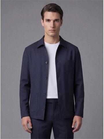 Navy Blue Shirt Collar Buttoned Patch Pocket Suit