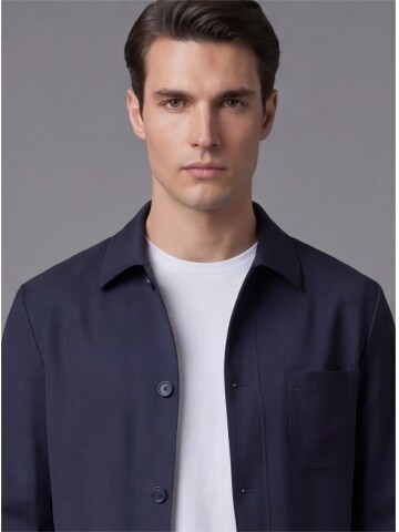 Navy Blue Shirt Collar Buttoned Patch Pocket Suit