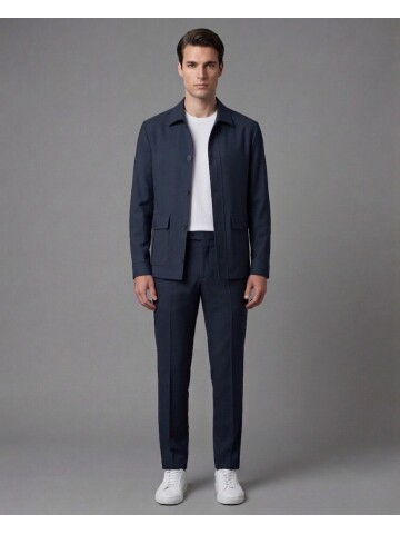 Lacivert Gömlek Yaka Düğmeli Torba Cepli Takım