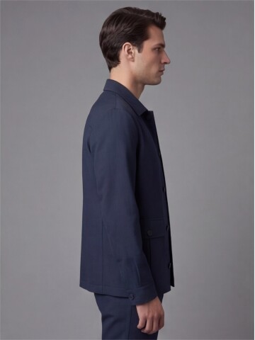 Navy Blue Shirt Collar Buttoned Patch Pocket Suit