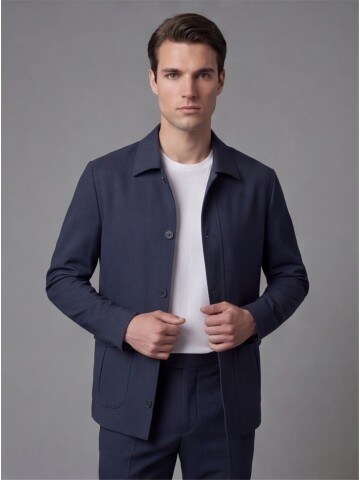 Navy Blue Shirt Collar Buttoned Patch Pocket Suit