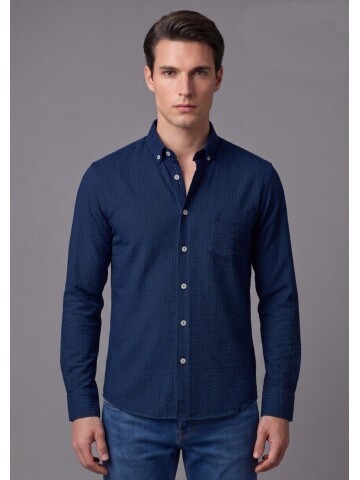 Lacivert Kendinden Desenli Slim Fit Uzun Kollu Erkek Gömlek