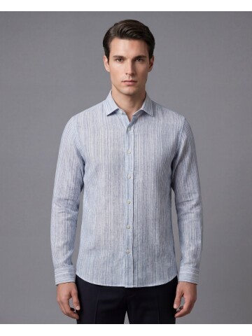 Lacivert Regular Kalıp Çizgili Uzun Kollu Gömlek