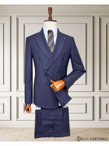 Navy Blue Peak Lapel Double-Breasted Suit with Pick Stitching
