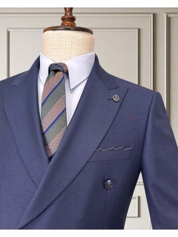 Navy Blue Peak Lapel Double-Breasted Suit with Pick Stitching