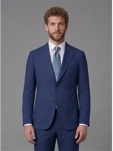 Slim Fit Navy Blue Notch Lapel Suit with Patch Pockets