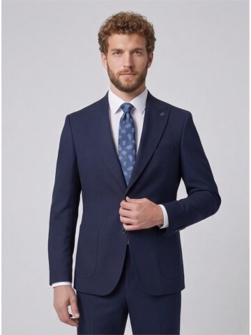 Navy Blue Slim Fit Peak Lapel Patch Pocket Mens Suit