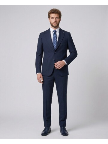 Navy Blue Slim Fit Peak Lapel Patch Pocket Mens Suit