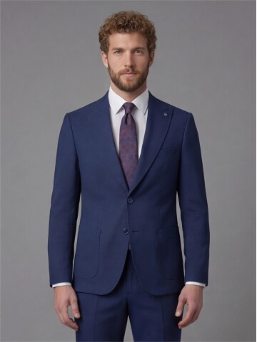 Navy Blue Slim Fit Peak Lapel Patch Pocket Mens Suit