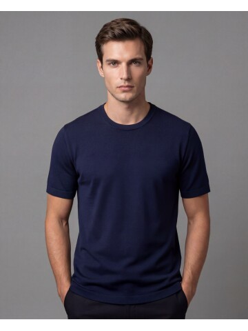 Navy Blue Knit Crew Neck Short Sleeve