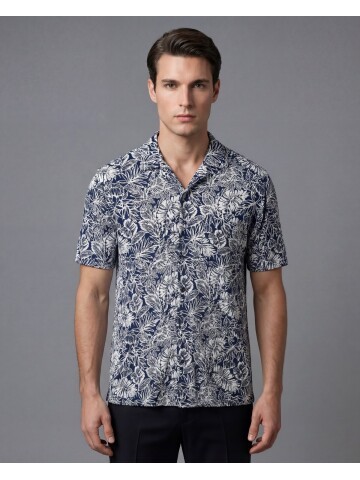Lacivert Tropikal Yaprak Desenli Regular Fit Kısa Kollu Gömlek
