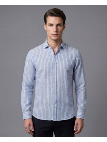 Mavi Çizgili Regular Kalıp Uzun Kollu Erkek Gömlek