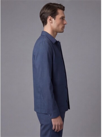 Blue Shirt Collar Buttoned Patch Pocket Suit