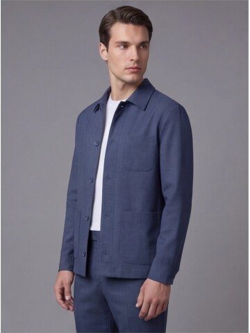 Blue Shirt Collar Buttoned Patch Pocket Suit