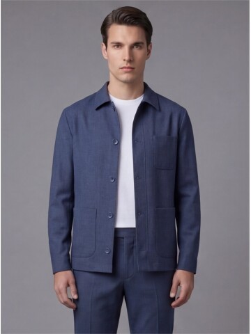 Blue Shirt Collar Buttoned Patch Pocket Suit