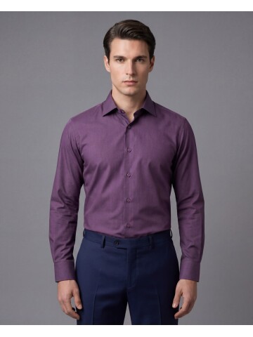 Mor Slim Fit Uzun Kollu Klasik Yaka Gömlek