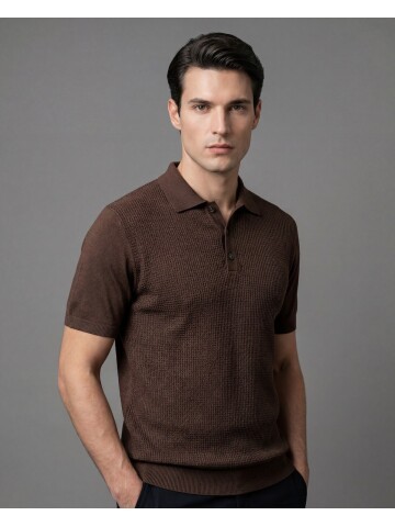 Dark Brown Patterned Polo Neck 3-Button Short Sleeve Knit