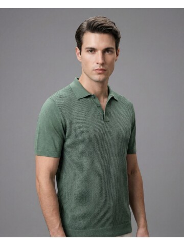 Light Green Patterned Polo Neck 3-Button Short Sleeve Knit